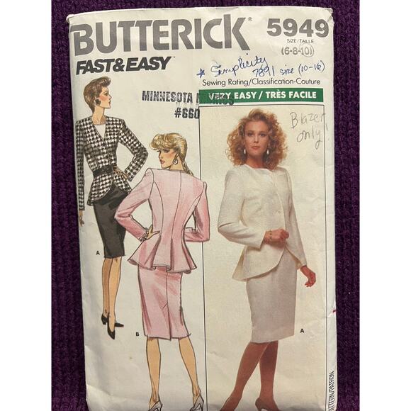 butterick 5949 sewing pattern blazer peplum 1980s size 6 8 10 - Picture 3 of 9